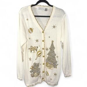 VTG 90s‎ Victoria Jones Ugly Christmas Cardigan L White Gold Sequin Tree Holiday